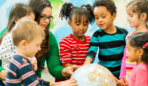 kids and teacher around a globe - prospective families 