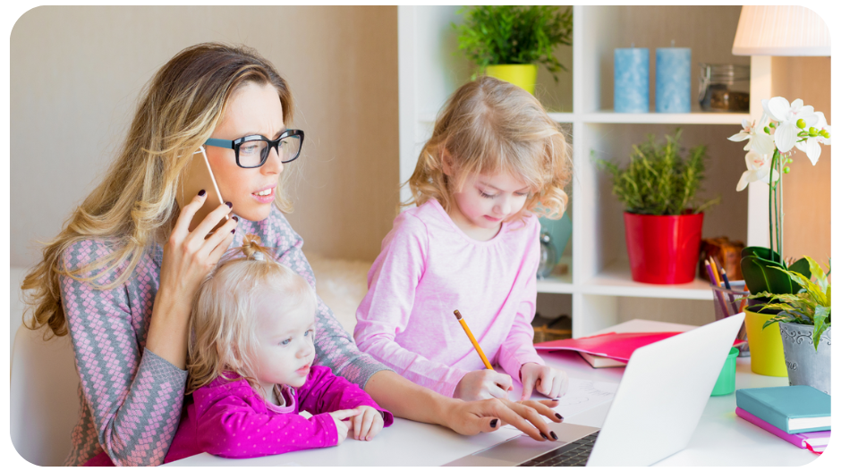 mom with kids on laptop and phone crop: marketing automation