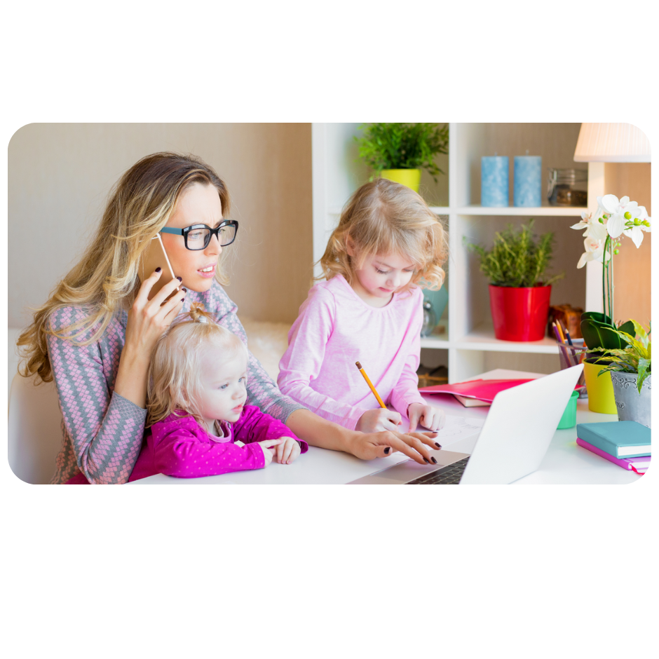 mom with kids on laptop and phone
