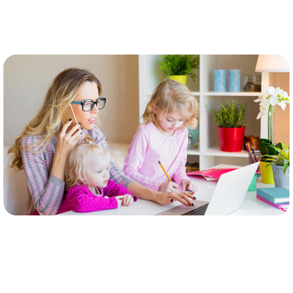 mom with kids on laptop and phone